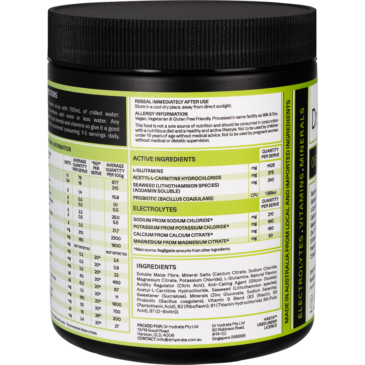 Side view of a 270g jar of Dr. Hydrate Lychee Lime hydration drink showing nutritional info and HASTA logo.