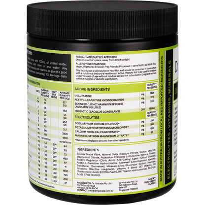 Side view of a 270g jar of Dr. Hydrate Lychee Lime hydration drink showing nutritional info and HASTA logo.