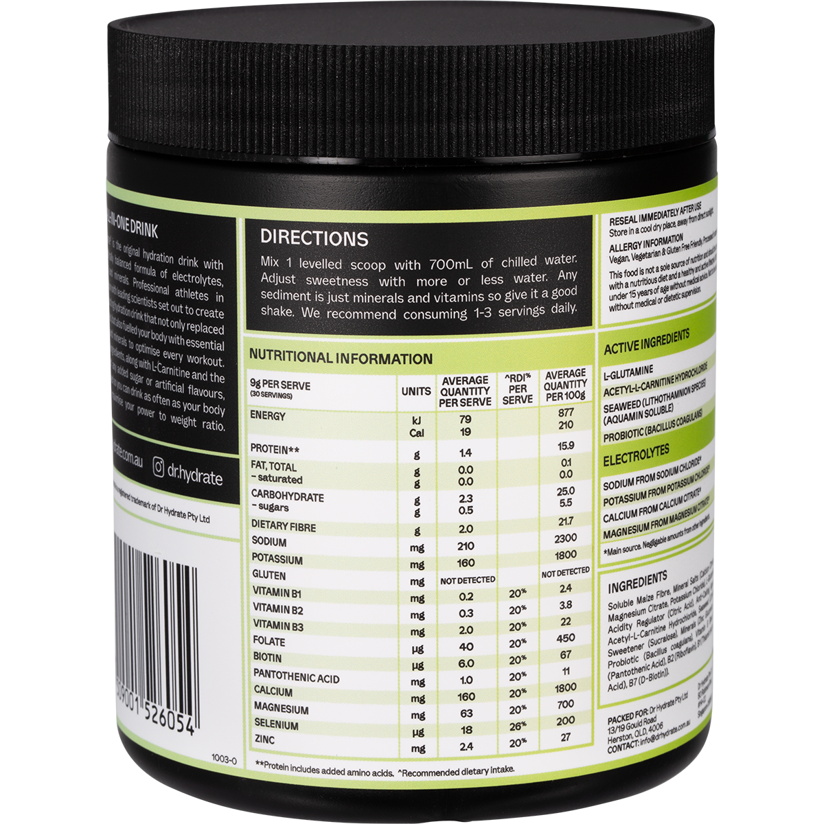 Right side of Dr. Hydrate Lychee Lime 270g jar showing product benefits and a "Hasta Certified" logo.