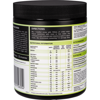 Right side of Dr. Hydrate Lychee Lime 270g jar showing product benefits and a "Hasta Certified" logo.