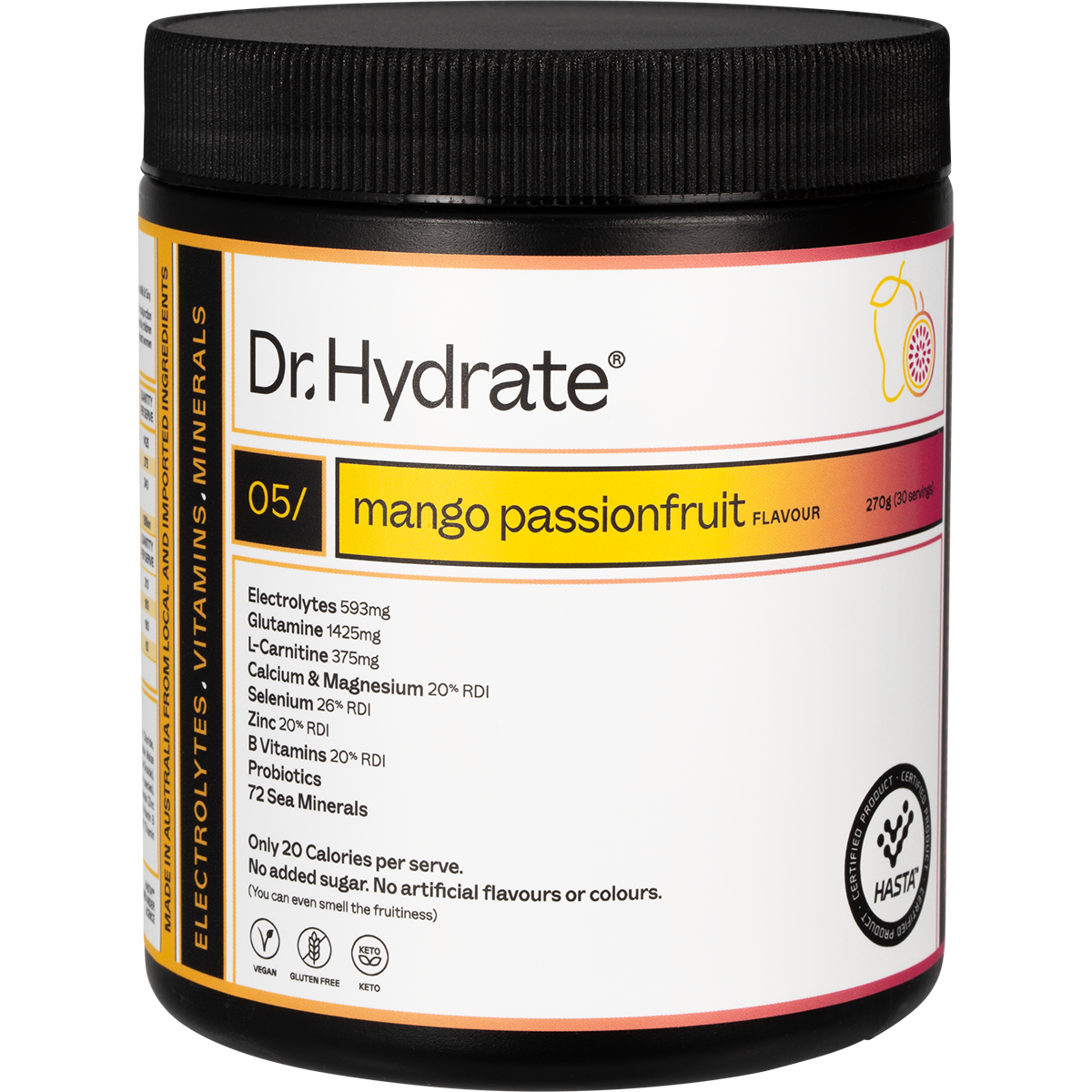 Mango Passionfruit Dr. Hydrate All-In-One Hydration Drink 270g tub with a white label and orange and pink accents.