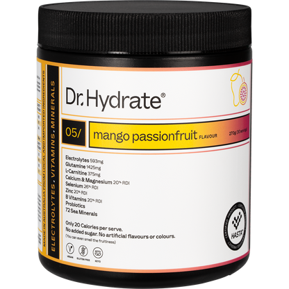 Mango Passionfruit Dr. Hydrate All-In-One Hydration Drink 270g tub with a white label and orange and pink accents.