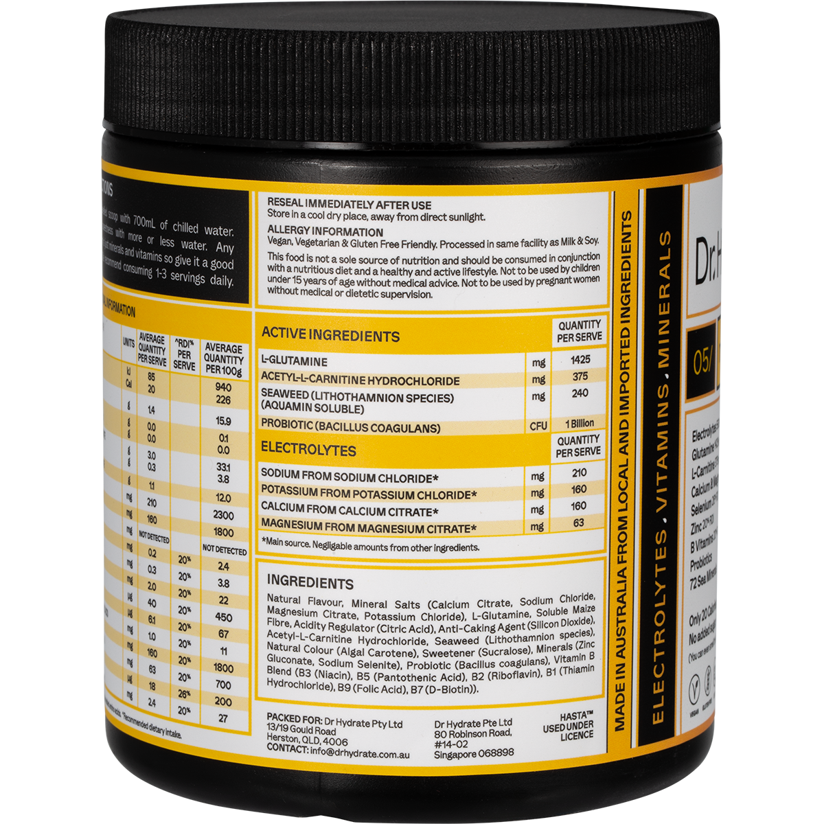 Mango Passionfruit Dr. Hydrate 270g tub tilted left, showing a white label with orange and pink accents.