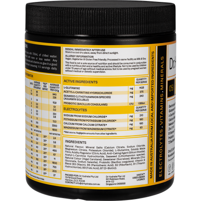 Mango Passionfruit Dr. Hydrate 270g tub tilted left, showing a white label with orange and pink accents.