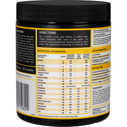 Mango Passionfruit Dr. Hydrate 270g tub tilted right, showing a white label with orange and pink accents.
