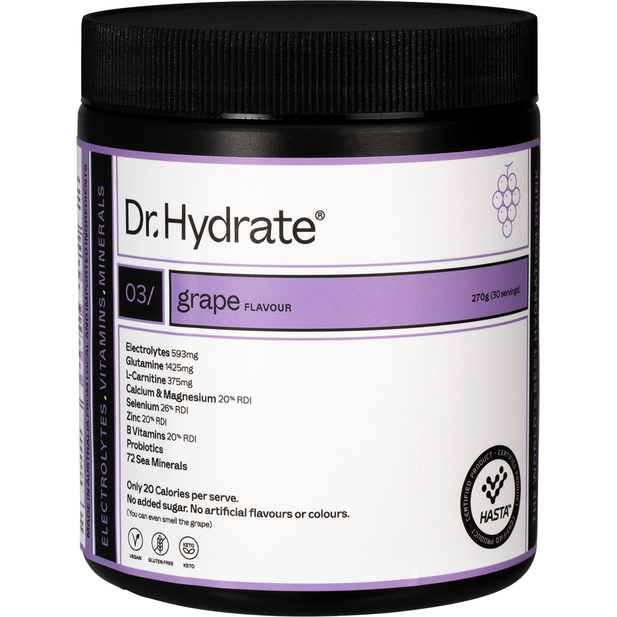 Dr. Hydrate Grape 270g jar of HASTA certified all-in-one hydration drink with electrolytes and vitamins.