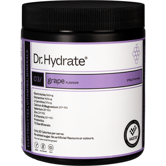 Dr. Hydrate Grape 270g jar of HASTA certified all-in-one hydration drink with electrolytes and vitamins.