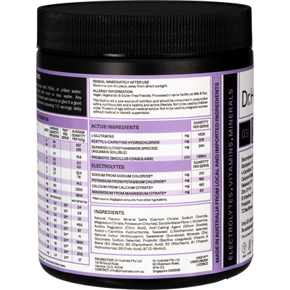 Left-side view of a Dr. Hydrate Grape 270g jar, showing nutritional information and HASTA certification on a white background.