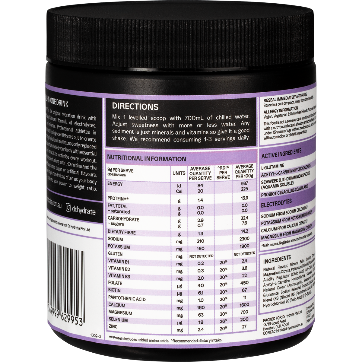 Right-side view of a Dr. Hydrate Grape 270g jar showing key ingredients, usage directions, and a purple grape illustration.