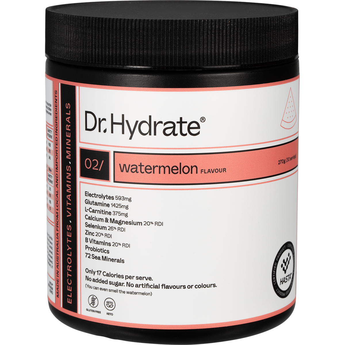270g tub of Dr. Hydrate All-In-One Hydration Drink in Watermelon flavor with HASTA Certified logo.