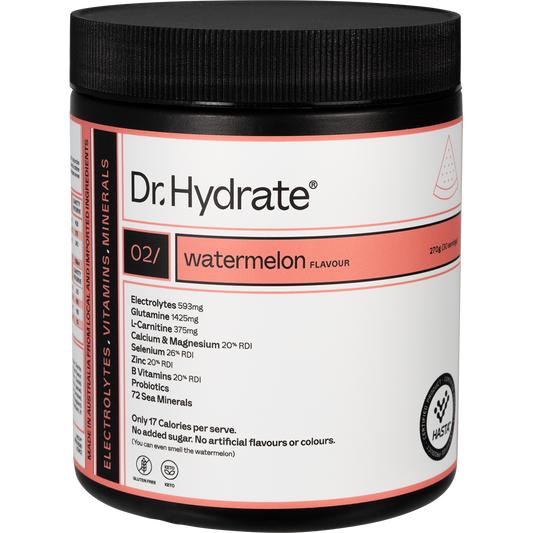 270g tub of Dr. Hydrate All-In-One Hydration Drink in Watermelon flavor with HASTA Certified logo.