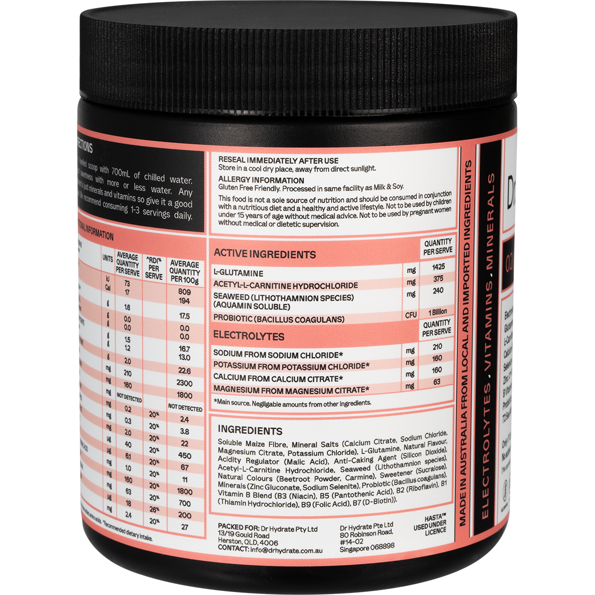 Dr. Hydrate Watermelon 270g tub shown from a side angle, featuring the HASTA Certified logo and hydration benefits.