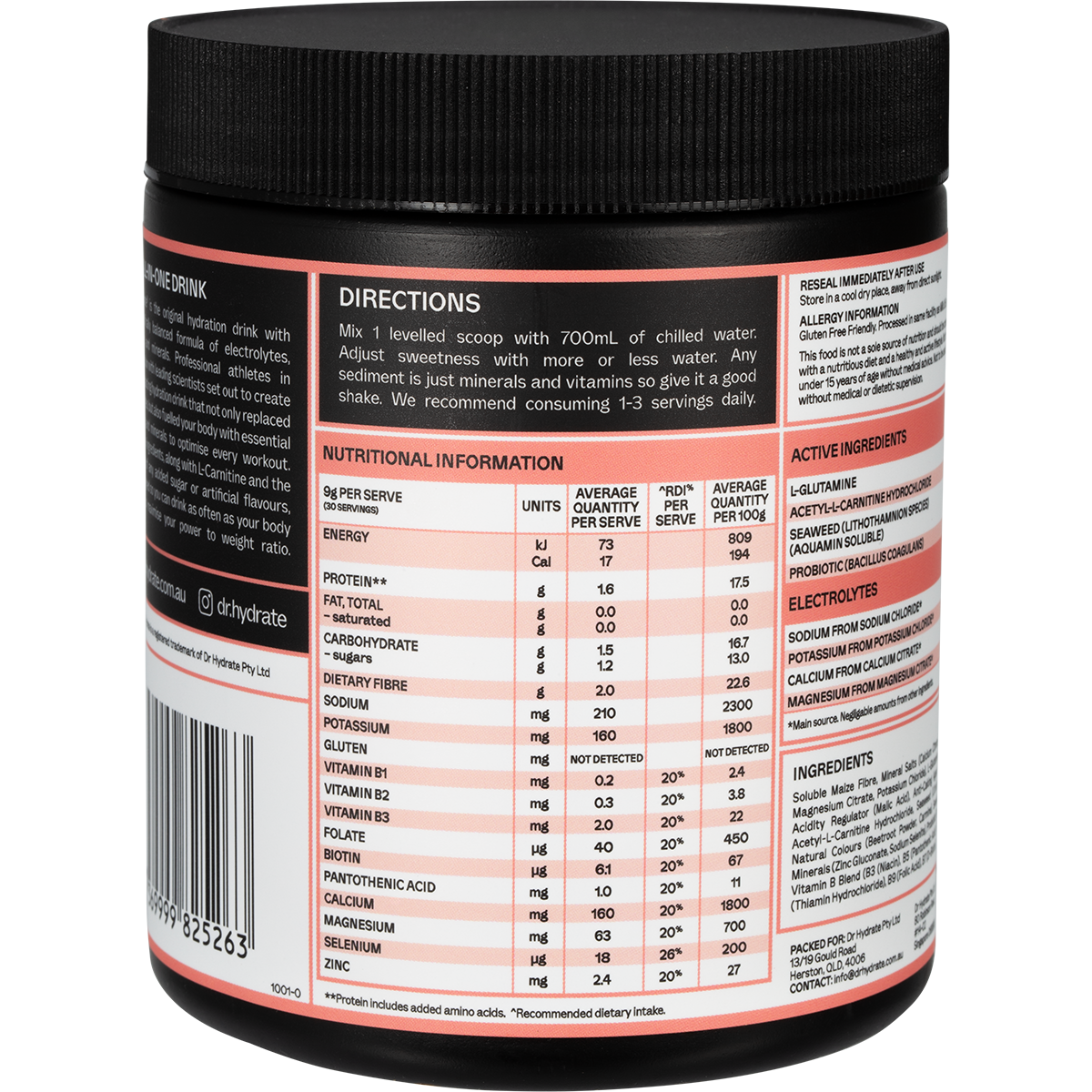 Right side view of Dr. Hydrate Watermelon 270g tub highlighting nutritional facts, ingredients, and a HASTA Certified logo.