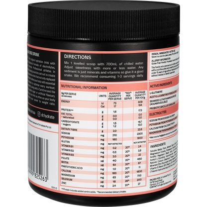 Right side view of Dr. Hydrate Watermelon 270g tub highlighting nutritional facts, ingredients, and a HASTA Certified logo.