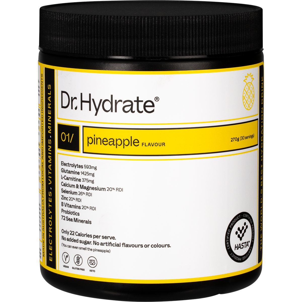 270g tub of Dr. Hydrate Pineapple hydration drink with HASTA certification and electrolyte blend.