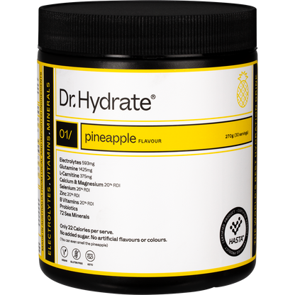 270g tub of Dr. Hydrate Pineapple hydration drink with HASTA certification and electrolyte blend.