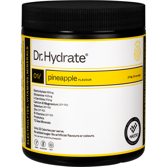 270g tub of Dr. Hydrate Pineapple hydration drink with HASTA certification and electrolyte blend.