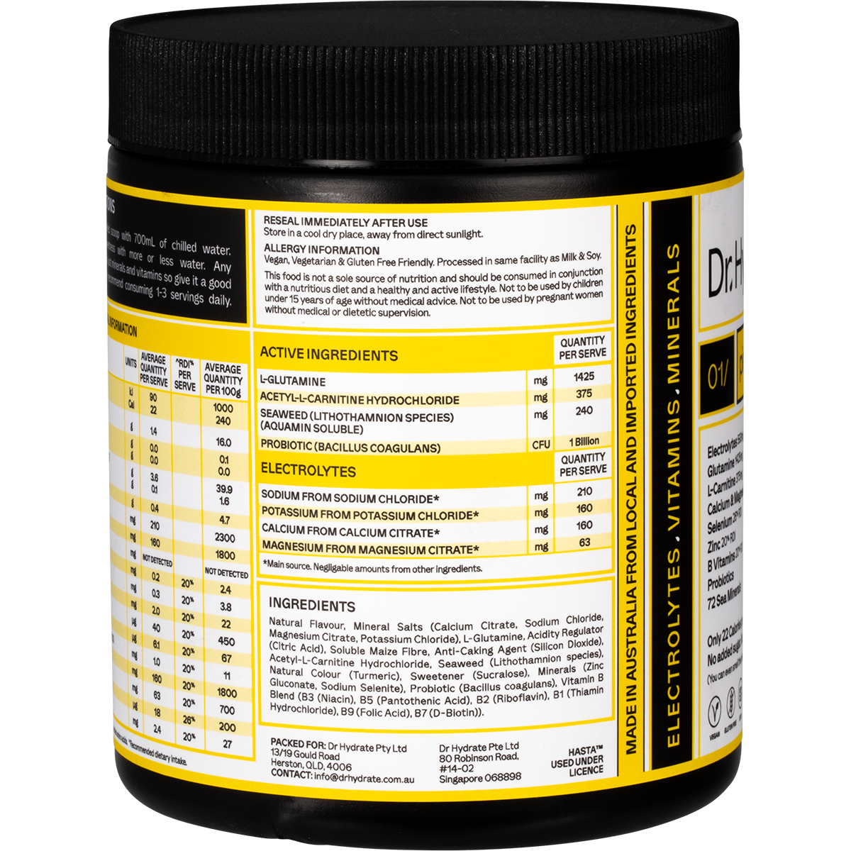 Dr. Hydrate Pineapple hydration drink 270g tub showing the left side label with nutritional information.