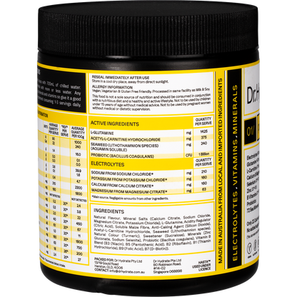 Dr. Hydrate Pineapple hydration drink 270g tub showing the left side label with nutritional information.