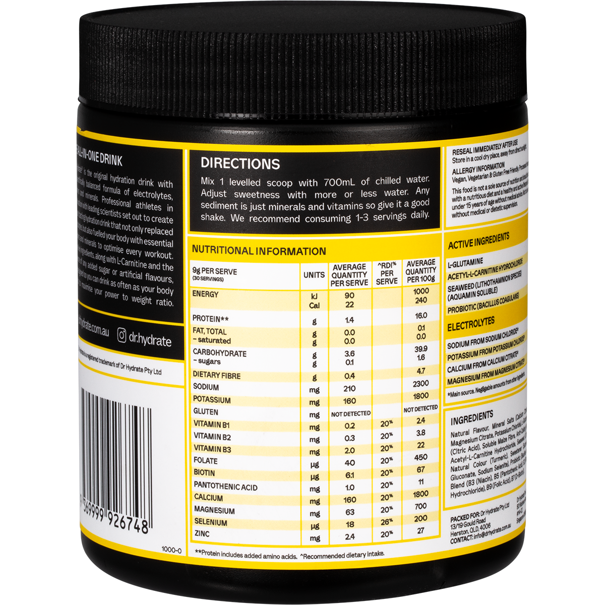 Right side of Dr. Hydrate Pineapple 270g tub showing directions for use and Australian Made logo.