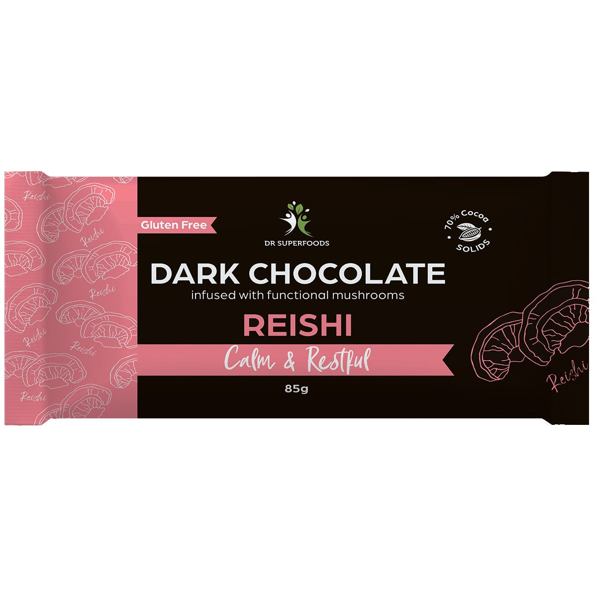 Dr Superfoods Calm and Restful 85g dark chocolate bar wrapped in blue and white packaging on a white background.