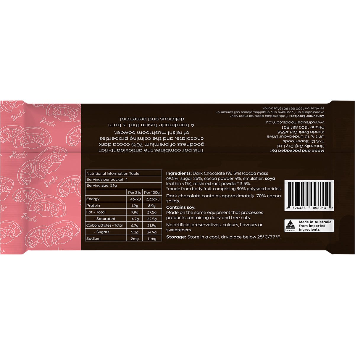 Back of Dr Superfoods Calm & Restful dark chocolate bar with nutrition facts, ingredients, and reishi mushroom info.