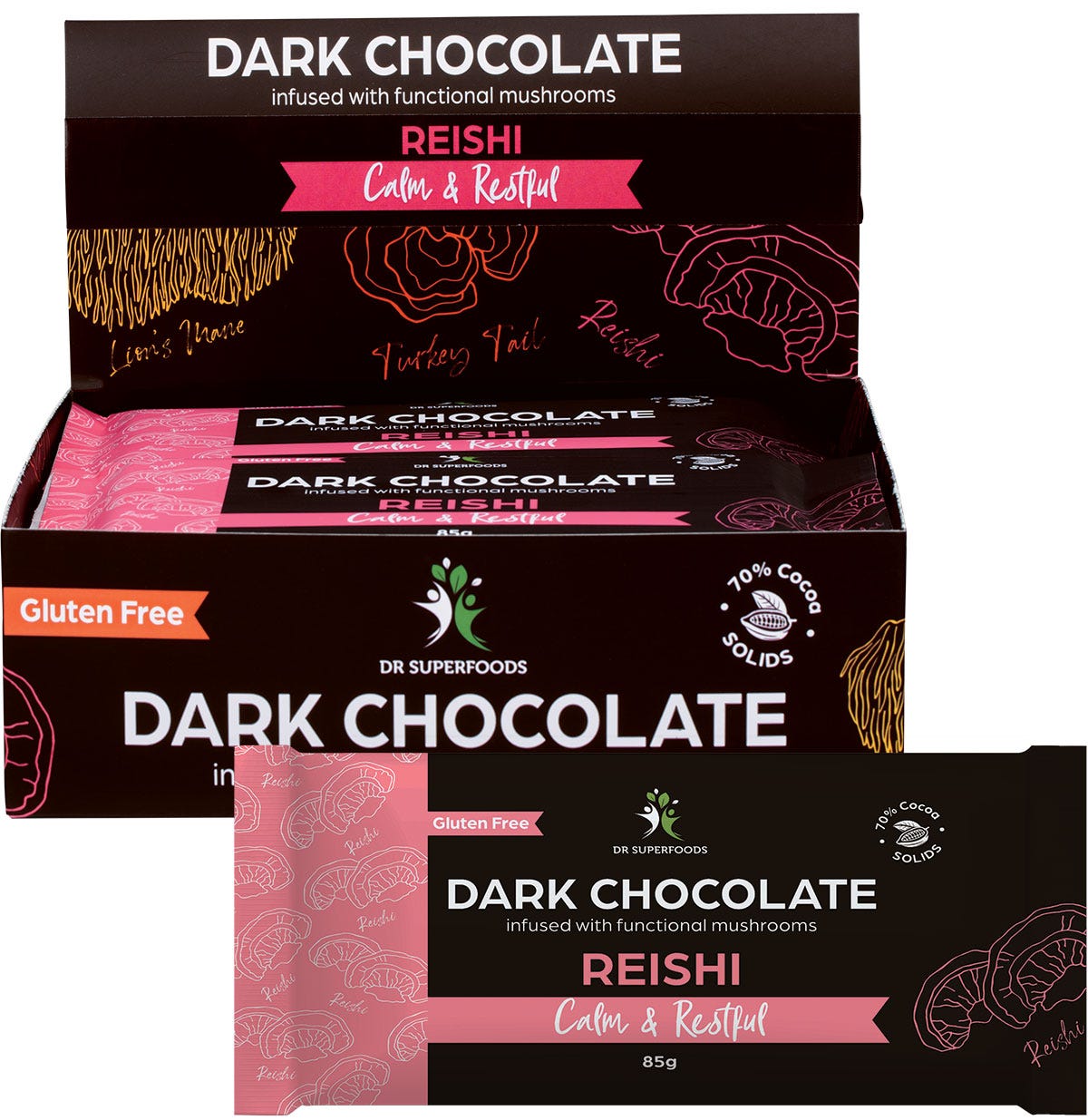 Dr Superfoods Dark Chocolate Bar Calm & Restful 12x85g pack with a single bar and reishi mushroom illustration.