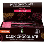 Retail display box of Dr Superfoods Calm and Restful Dark Chocolate Bars with a reishi mushroom illustration.