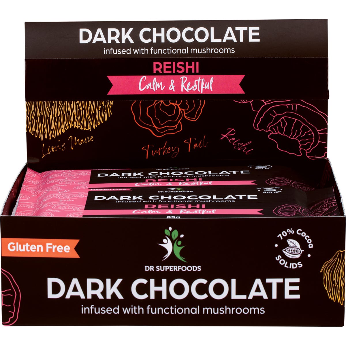 Retail display box of Dr Superfoods Calm and Restful Dark Chocolate Bars with a reishi mushroom illustration.