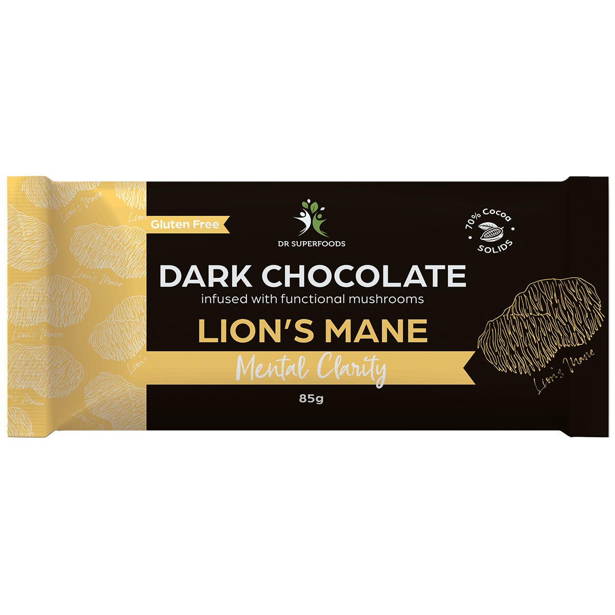 Dr Superfoods 85g Mental Clarity 70% dark chocolate bar infused with Lion's Mane mushroom on a white background.
