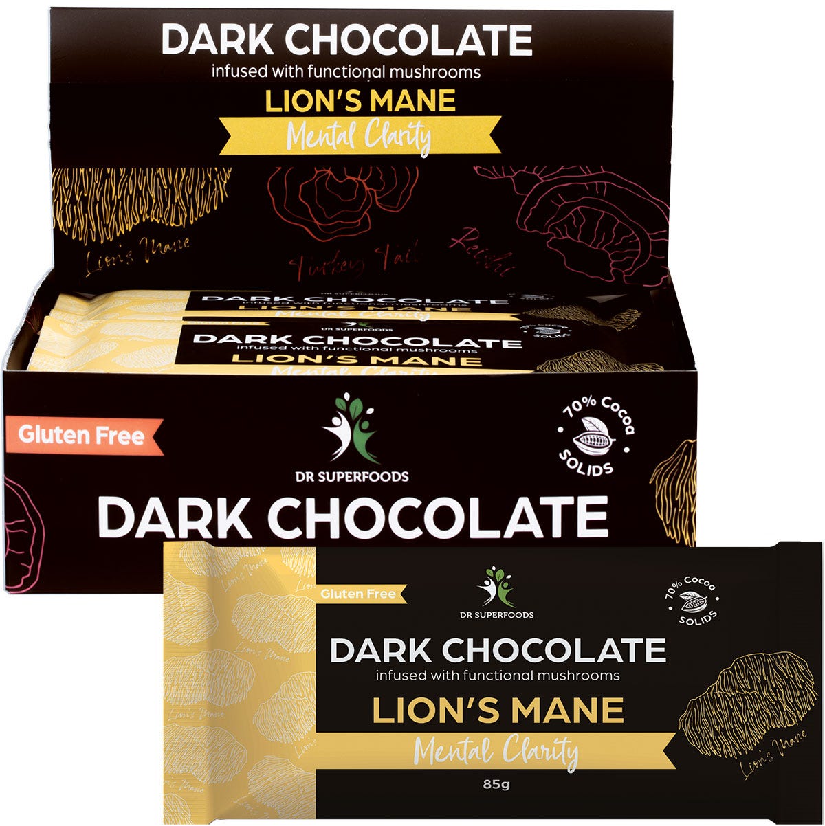 12-pack box and single 85g bar of Dr Superfoods Mental Clarity 70% Dark Chocolate infused with Lion's Mane mushroom.