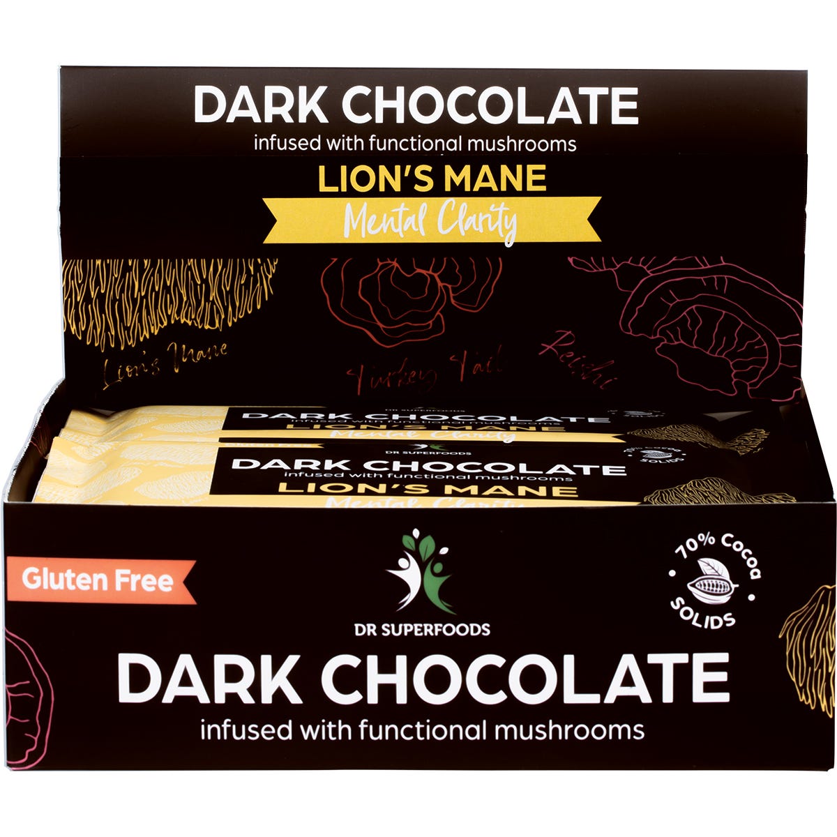 Retail display box of Dr Superfoods Mental Clarity Dark Chocolate bars with individual 85g packs on a white background.