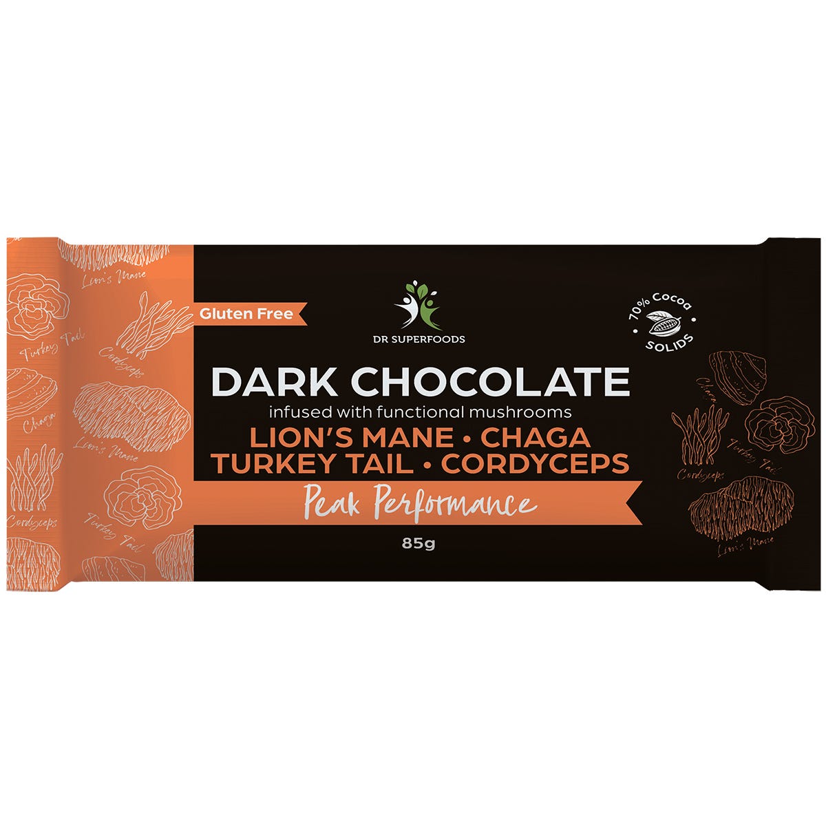 85g bar of Dr Superfoods Peak Performance Dark Chocolate with mushroom illustrations on a black and orange label.