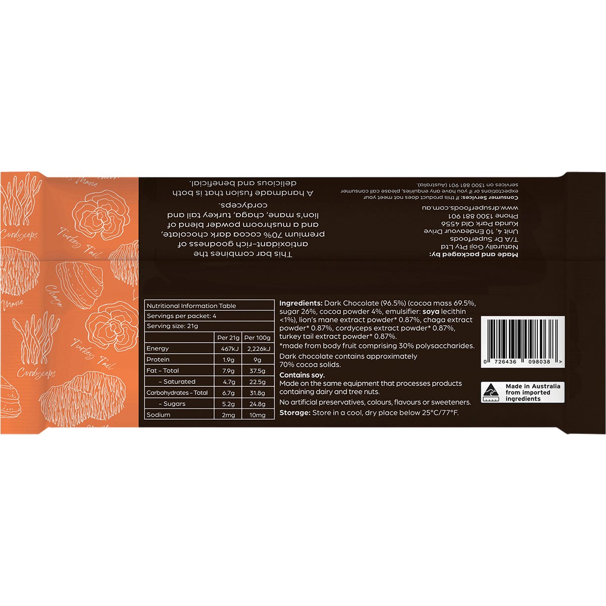 Back of Dr Superfoods Peak Performance Dark Chocolate bar showing ingredients and nutritional information.