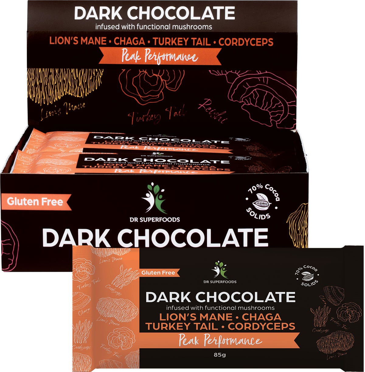 Dr Superfoods Peak Performance Dark Chocolate Bar 12-pack box and single 85g bar on a white background.