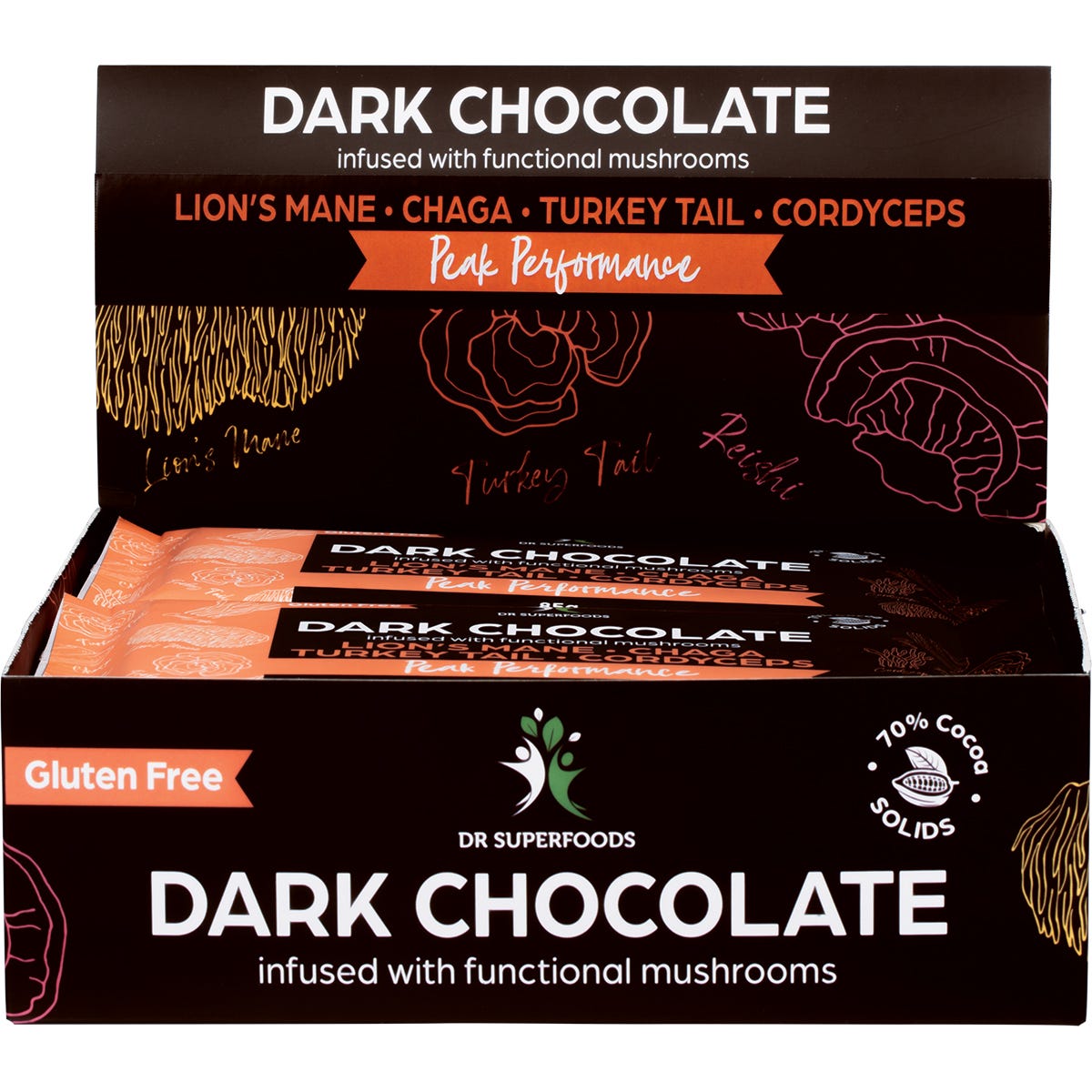 Box of Dr Superfoods Peak Performance Dark Chocolate bars displayed on a blue and white background.