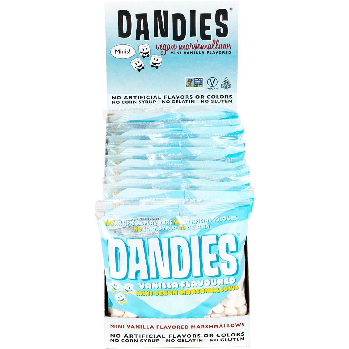 Side of a Dandies Vegan Vanilla Mini Marshmallows bag with product information and certified vegan logo.