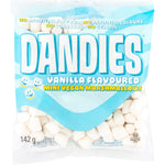 142g bag of Dandies Vegan Vanilla Mini Marshmallows with blue and white packaging.