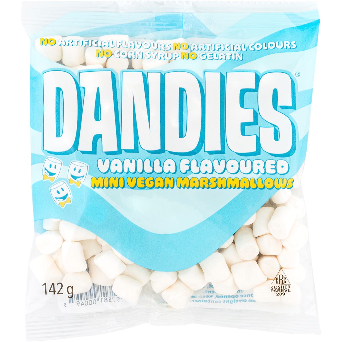 142g bag of Dandies Vegan Vanilla Mini Marshmallows with blue and white packaging.
