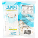 Back of Dandies Vegan Vanilla Mini Marshmallows bag with ingredients, nutrition facts, and non-GMO logo.