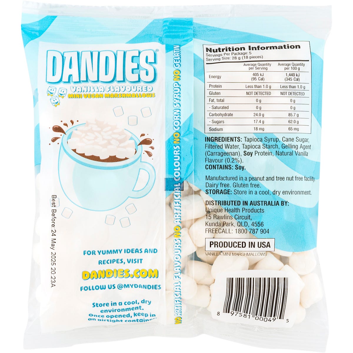 Back of Dandies Vegan Vanilla Mini Marshmallows bag with ingredients, nutrition facts, and non-GMO logo.