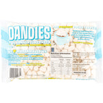 Back of Dandies 283g vegan vanilla mini marshmallows bag showing nutrition facts, ingredients, and product features.