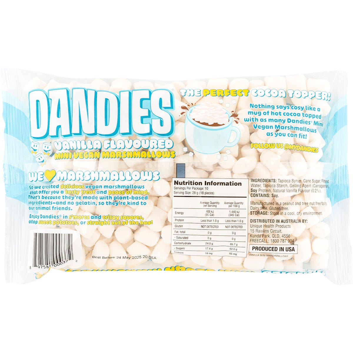 Back of Dandies 283g vegan vanilla mini marshmallows bag showing nutrition facts, ingredients, and product features.
