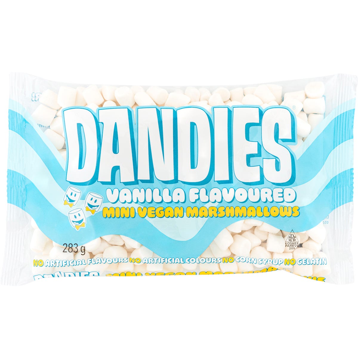 Bag of Dandies 283g vegan vanilla mini marshmallows shown from the side on a white background.