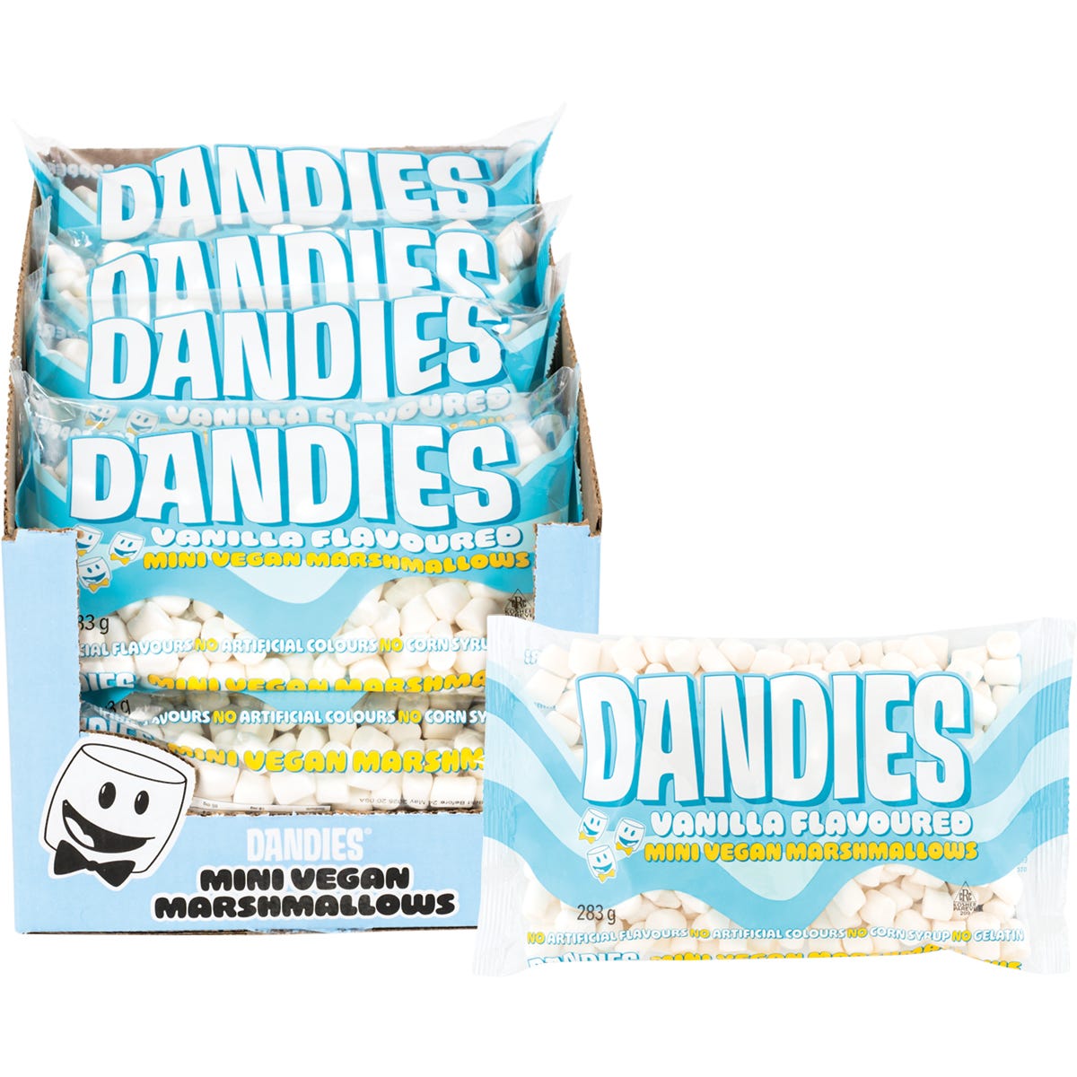Dandies 283g bag of vegan vanilla mini marshmallows on a white background.