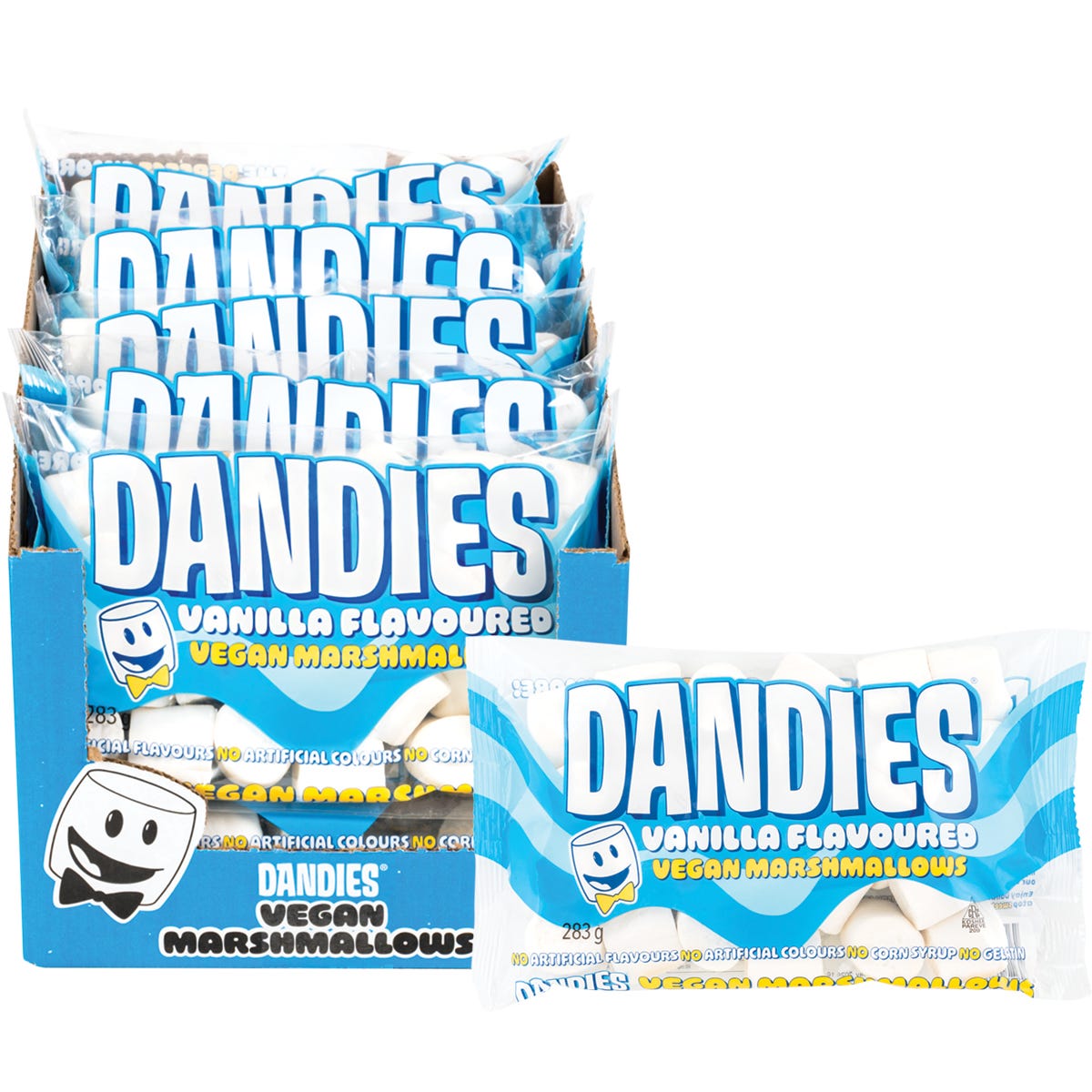 A 283g bag of Dandies Vegan Vanilla Marshmallows featuring white, fluffy, regular-sized marshmallows on the label.