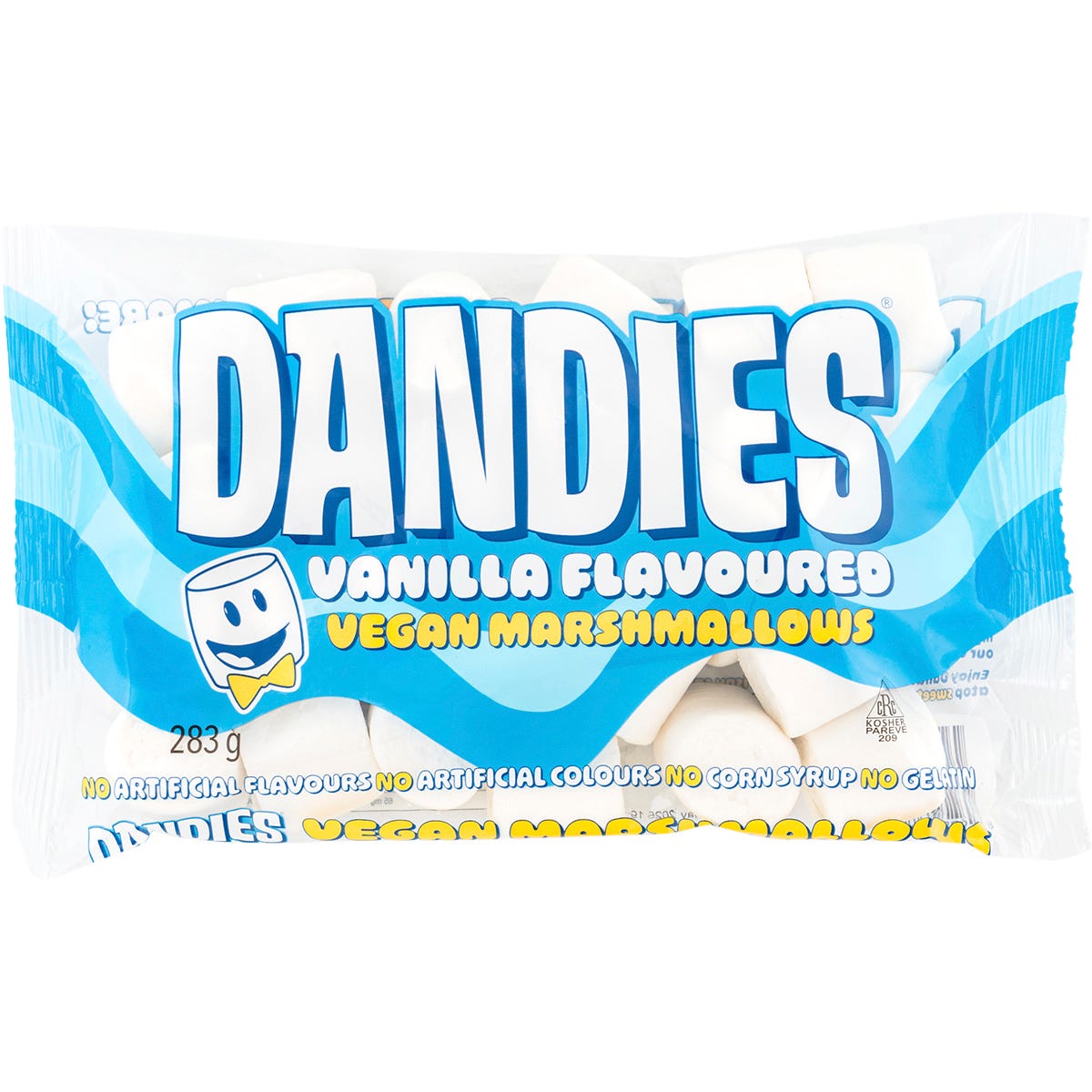 Dandies 283g bag of regular-sized vegan vanilla marshmallows on a white background.