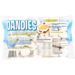 Side view of a Dandies Vegan Vanilla Marshmallows 283g bag showing nutrition facts and ingredients.