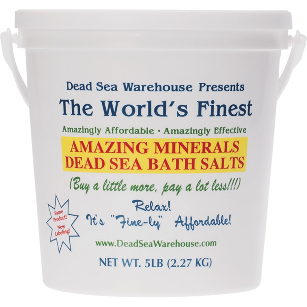 2.27kg bucket of Dead Sea Warehouse Dead Sea Bath Salts with a blue handle and label on a white background.