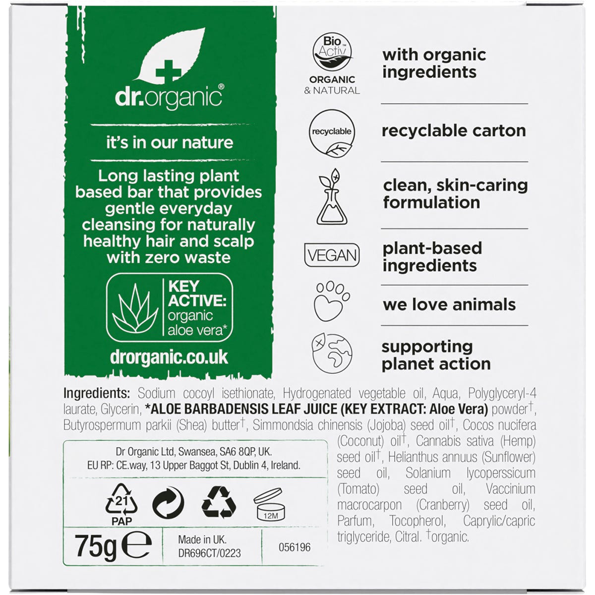Dr Organic Shampoo & Conditioner Bar Aloe Vera & Shea All Hair 75g Payless 4 Organics